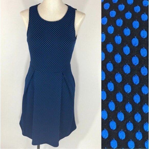 41 Hawthorne Sz L Black Blue Polka Dot Pleated Fit and Flare Sundress Knit Dress - Picture 11 of 12
